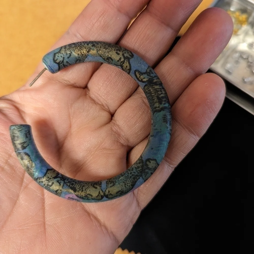 Boho Chic Hoop Earrings Leopard Print Blue Tan Statement Earrings Unique Jewelry
